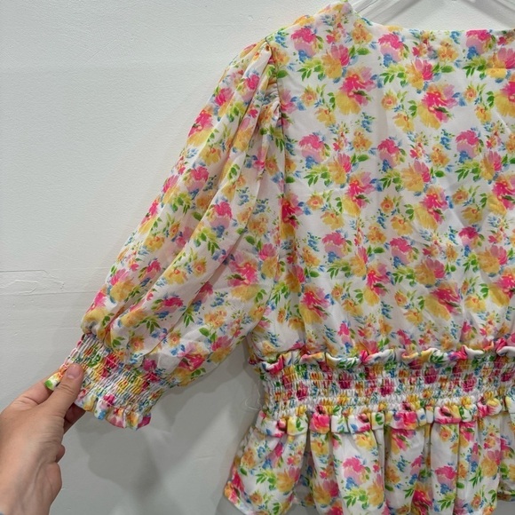 Wishing Waves Floral Smocked Peplum Balloon Sleeve Top Blouse Size XL - Picture 6 of 7
